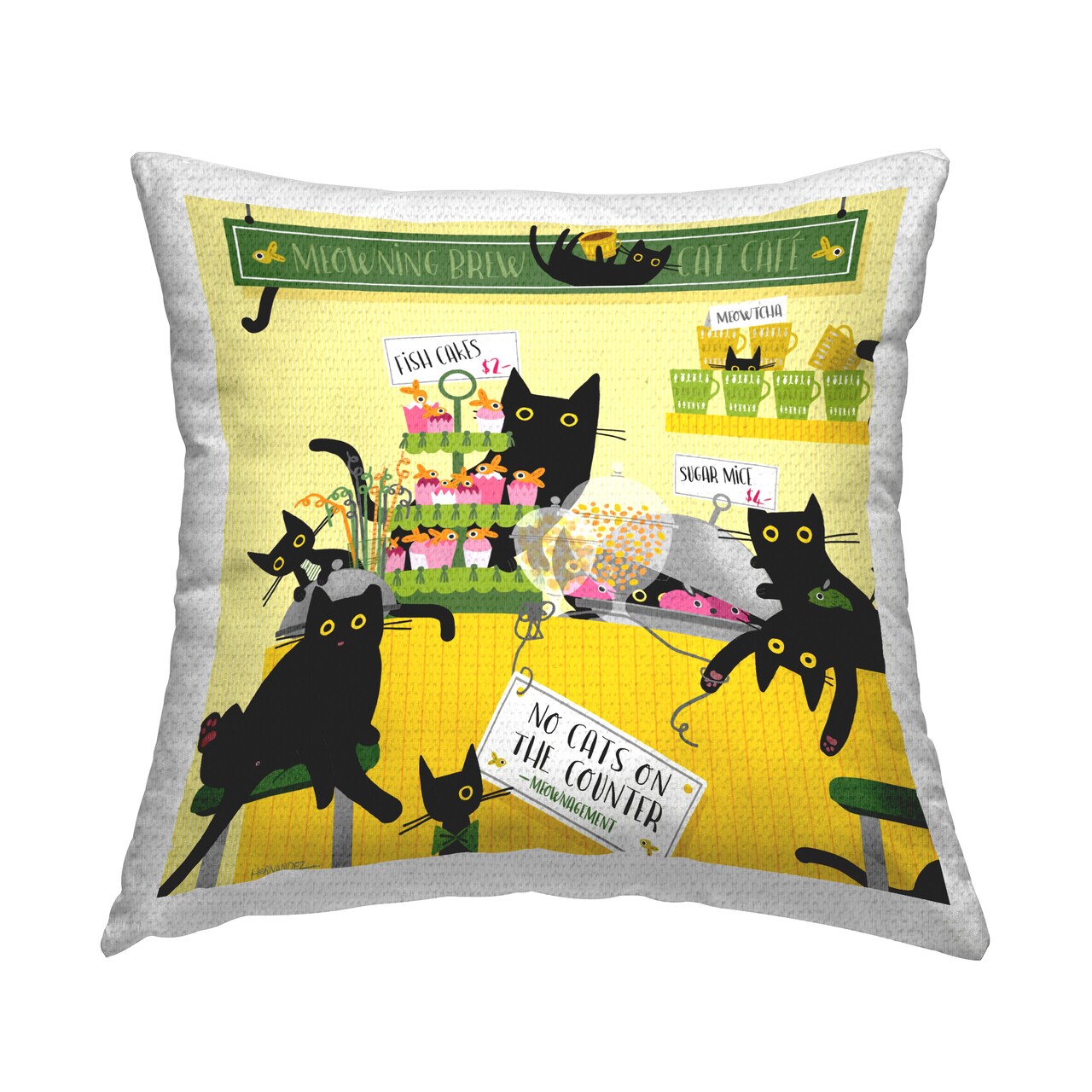 Silly Cat Café Bakery Outdoor Printed Pillow Design by Leeza Hernandez, 18 x 7 x 18
